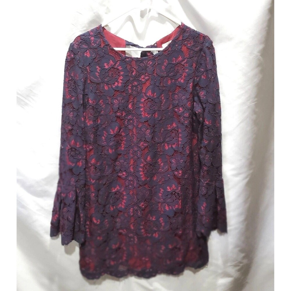 Wayf Navy Burgundy Merrick Lace Dress, Tie Back Bell Sleeve Medium